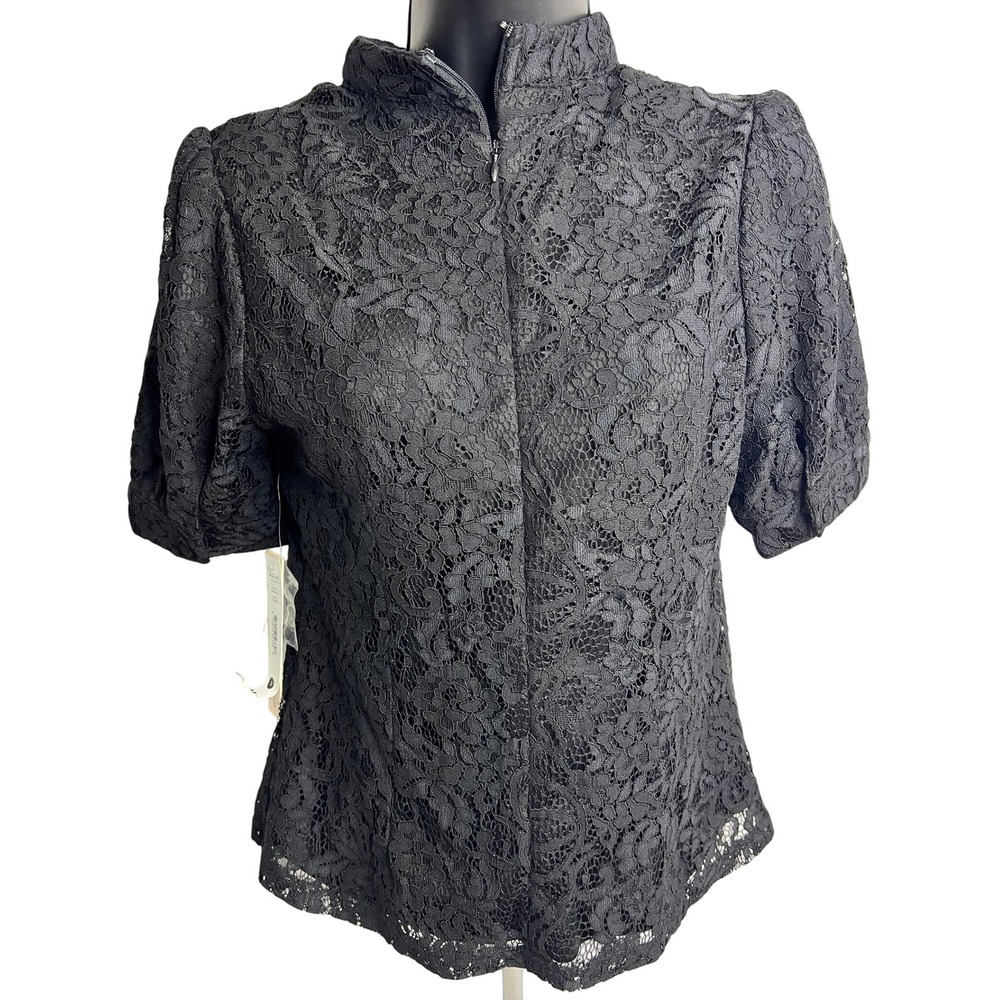 Aqua Bloomingdales Exclusive Black Lace Top Mock Neck Puff Short Sleeve‎ S